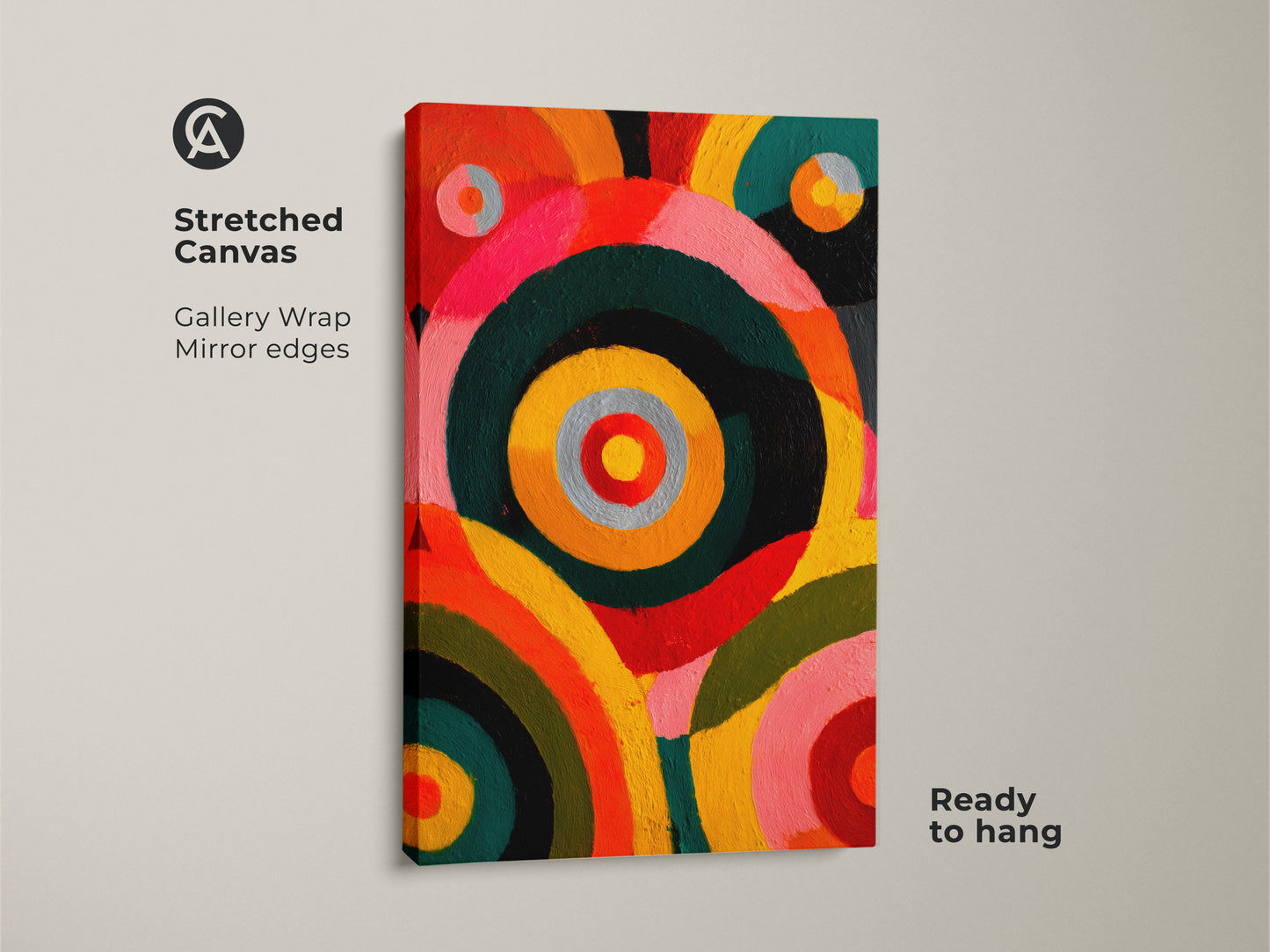 This is a stretched canvas print of abstract circles artwork. The modern art features a gallery wrap with mirrored edges. The eclectic concentric rings canvas is ready to hang. Its orange yellow pink colors makes it ideal for eclectic home decor.