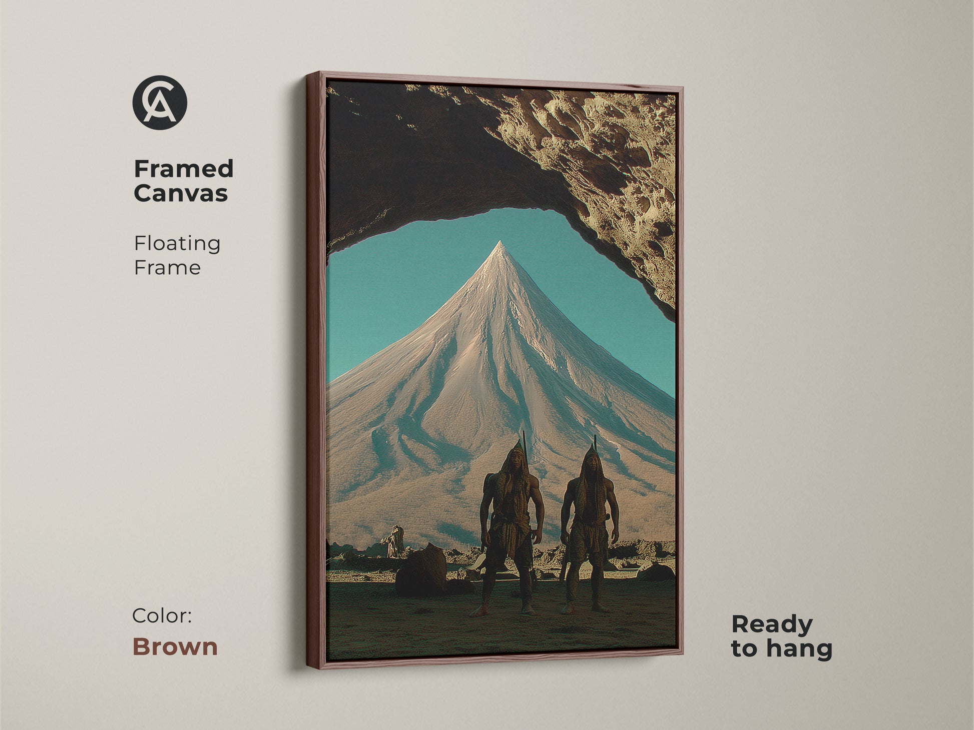 Framed Canvas showcasing tribal warriors in an earth tones fantasy landscape. The floating frame is brown. A unique piece of mountain peak scene art for study room decor. Ancient warrior artwork gift for fantasy lovers. Ready to hang.