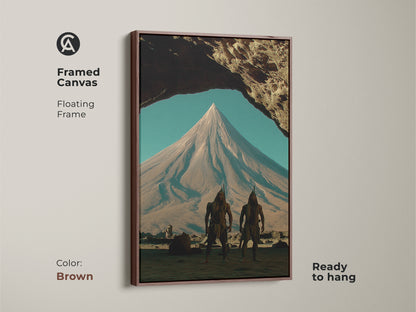 Framed Canvas showcasing tribal warriors in an earth tones fantasy landscape. The floating frame is brown. A unique piece of mountain peak scene art for study room decor. Ancient warrior artwork gift for fantasy lovers. Ready to hang.