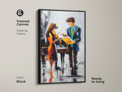 Framed canvas with a black floating frame featuring a violin and piano art piece. This contemporary teal blue orange wall art is ready to hang and enhances any music lover's space.