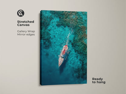 Experience the beauty of marine art with this stretched canvas. This gallery-wrapped artwork features a yacht sailing on crystal-clear waters. The mirror edges add a seamless touch. Ready to hang and enjoy this stunning yacht artwork.