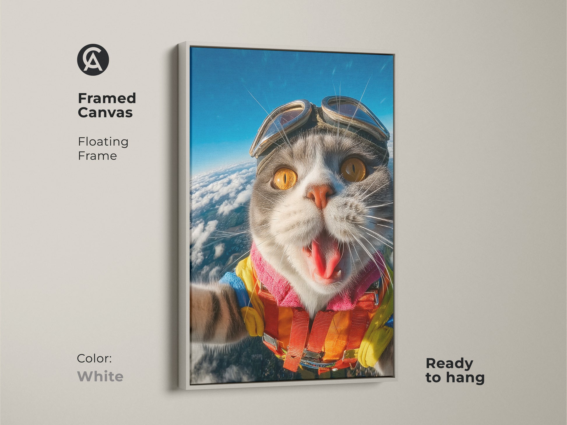 A framed canvas presents a skydiving cat. The floating frame is white and ready to hang. This cat art is a delightful addition. The funny artwork is sure to brighten any room. It is a unique wall art.