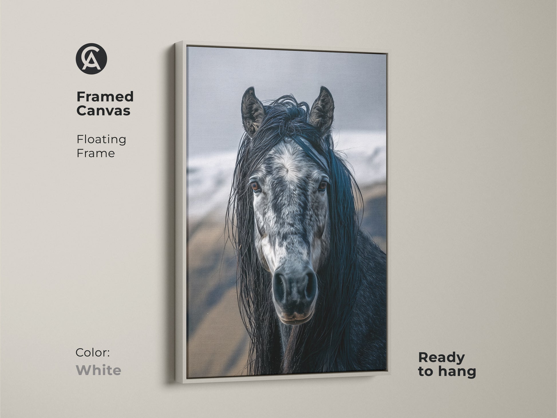 White framed canvas featuring a photorealistic horse. This dark grey and white animal portrait is ready to hang. It's a rustic equine art piece for horse lovers.  Perfect for adding a touch of natural elegance to any room. This canvas enhances your home decor.