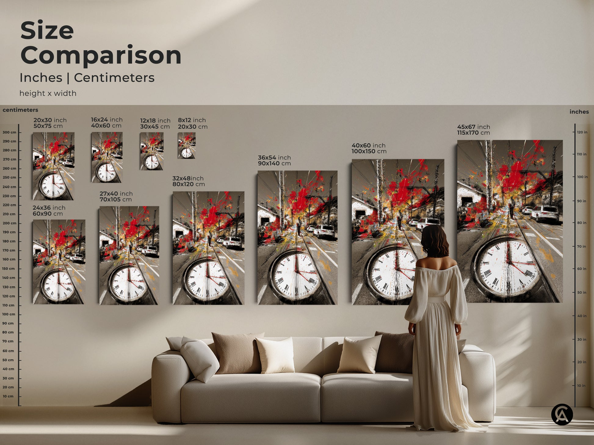 Size comparison of the abstract cityscape art print in inches and centimeters. See how the canvas sizes range for the red gray and yellow wall art. Visualize the artwork in a living room setting.