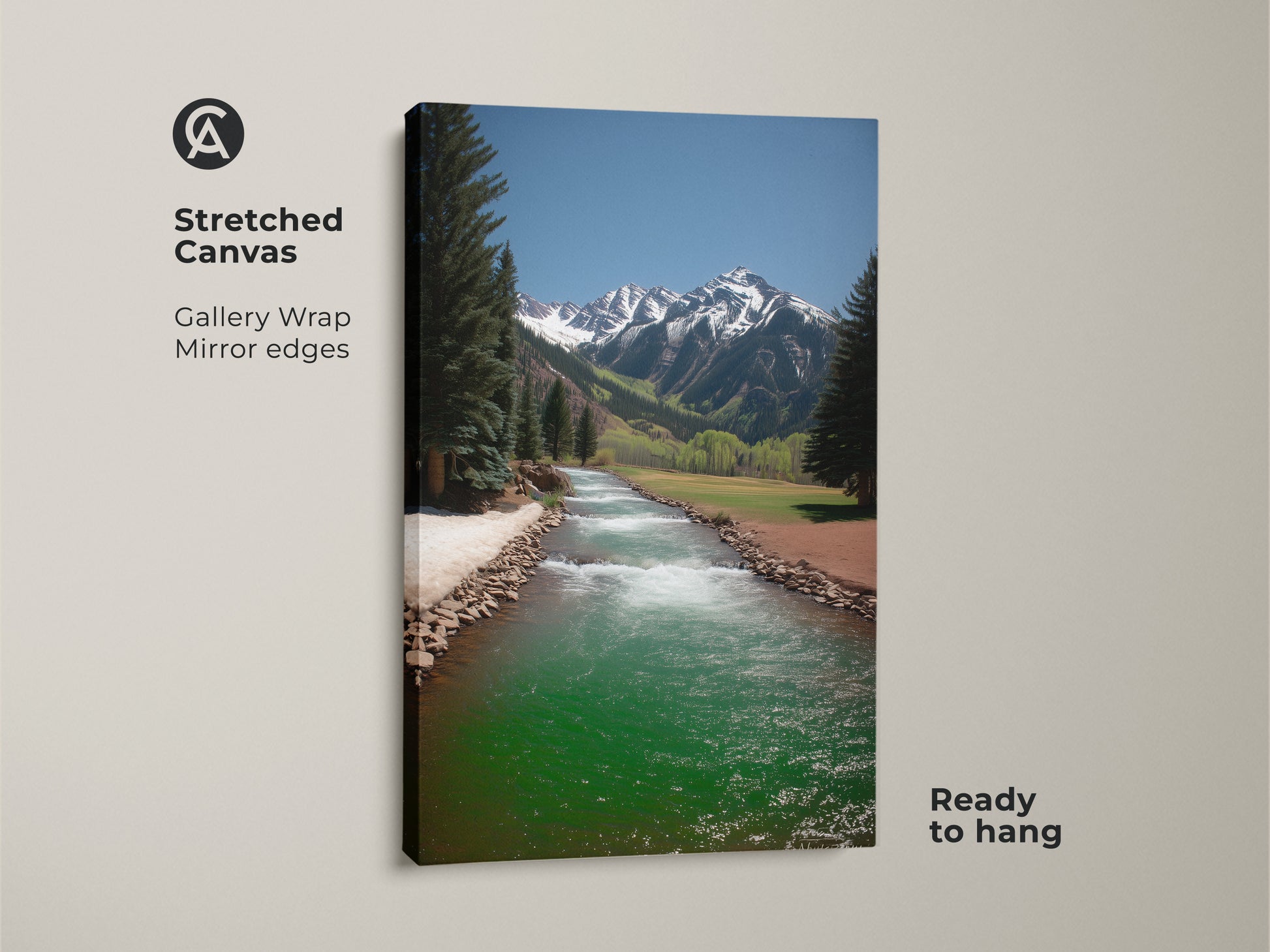 Stretched canvas art features a turquoise river flowing through a mountain landscape. The gallery wrap with mirrored edges creates a modern look. Ready to hang this rustic pine tree artwork brings nature indoors.