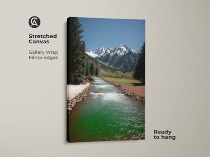 Stretched canvas art features a turquoise river flowing through a mountain landscape. The gallery wrap with mirrored edges creates a modern look. Ready to hang this rustic pine tree artwork brings nature indoors.