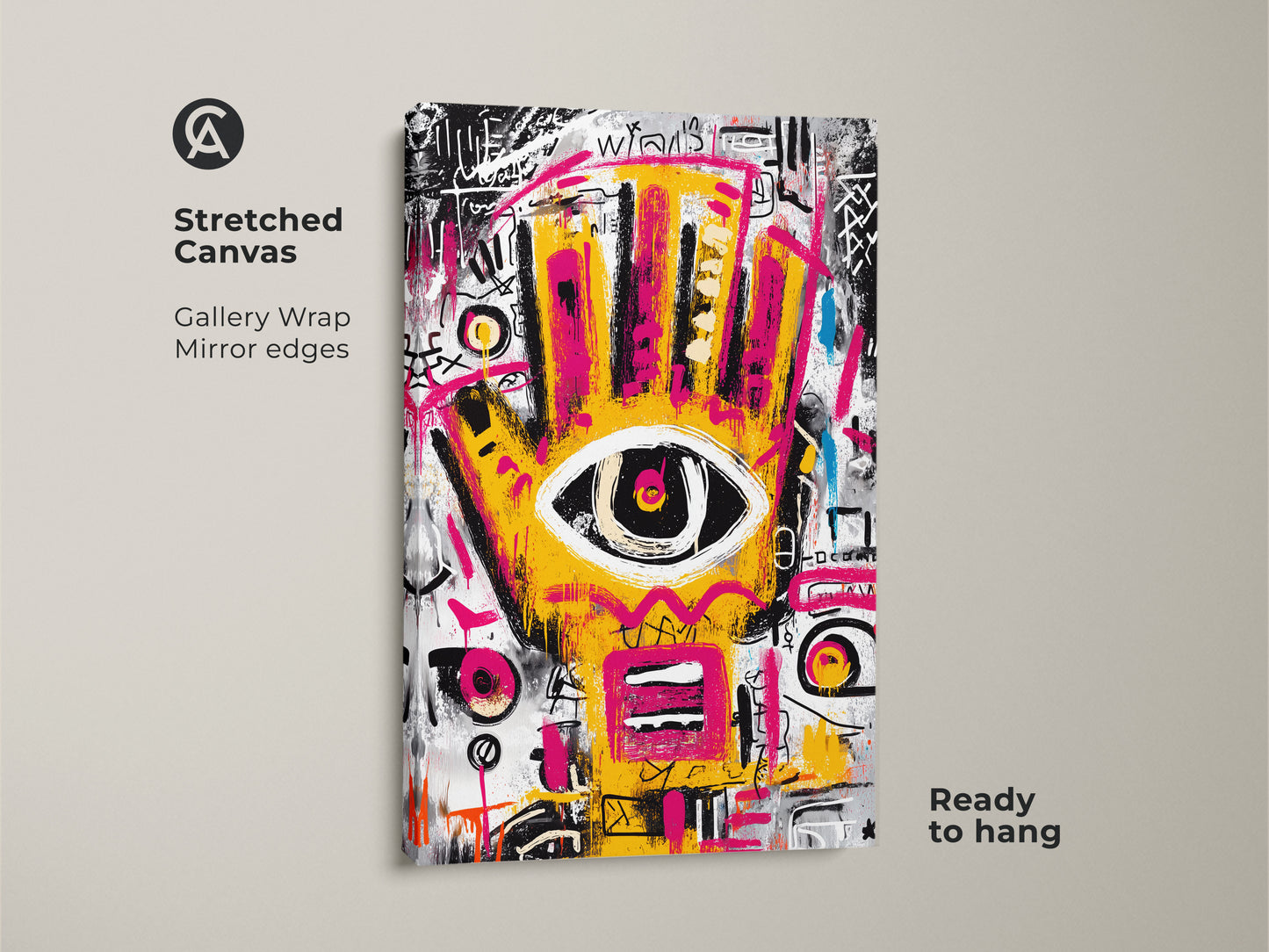 Stretched canvas print of abstract artwork. The gallery wrap has mirrored edges. The yellow and pink hand with an eye is a modern statement. Ready to hang in your home or office.