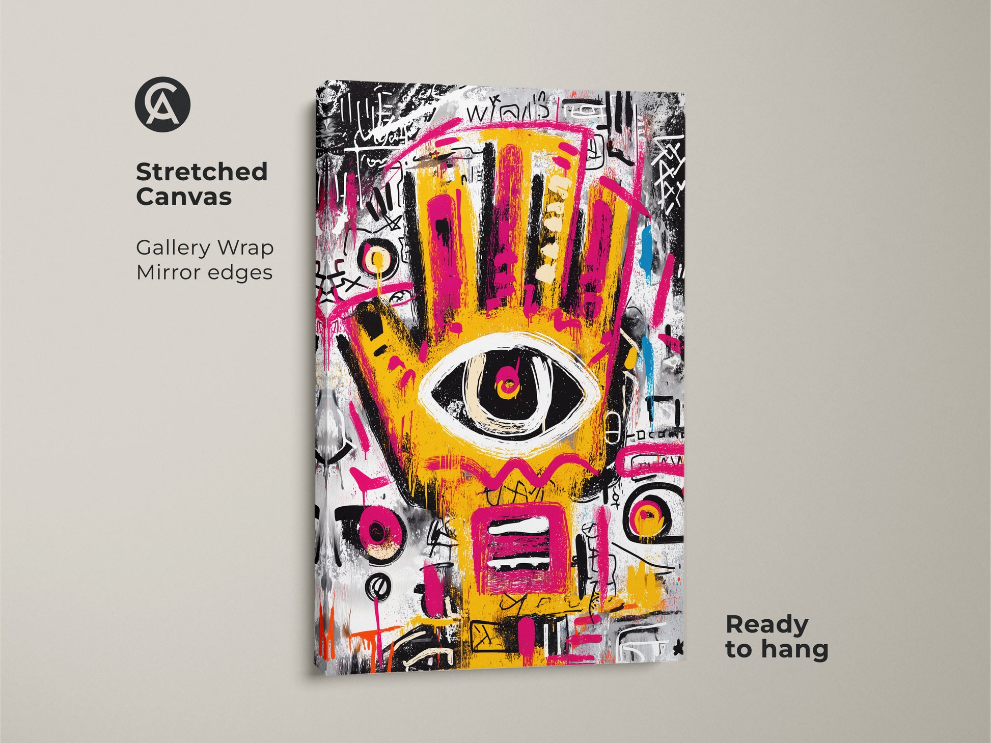 Stretched canvas print of abstract artwork. The gallery wrap has mirrored edges. The yellow and pink hand with an eye is a modern statement. Ready to hang in your home or office.