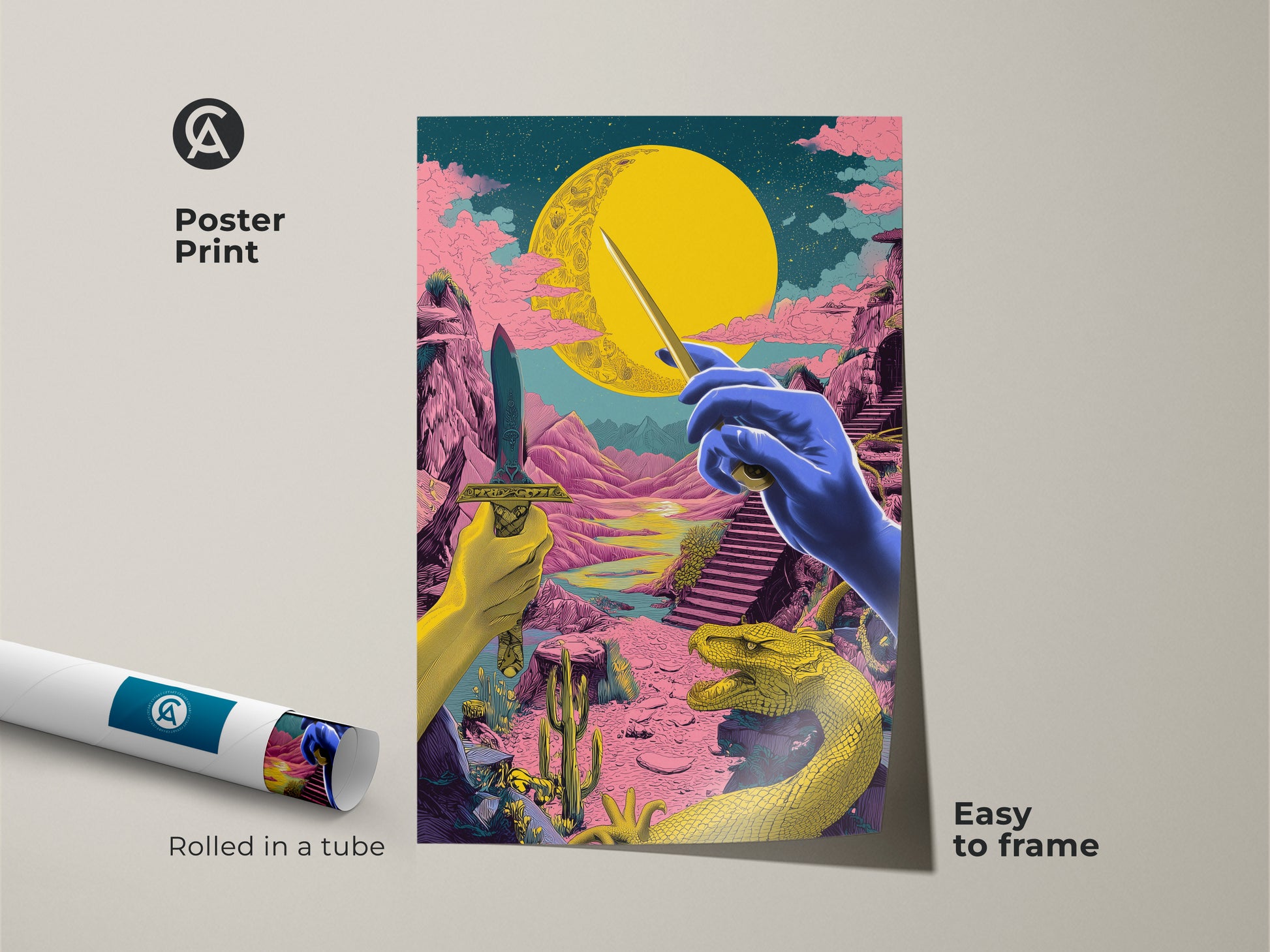 Transform your space with this psychedelic dragon art print. This poster is easy to frame and rolled in a tube for protection. The surreal fantasy wall art features a yellow pink and blue canvas. Add an eclectic touch to your home decor with this mythology artwork.