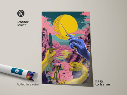 Transform your space with this psychedelic dragon art print. This poster is easy to frame and rolled in a tube for protection. The surreal fantasy wall art features a yellow pink and blue canvas. Add an eclectic touch to your home decor with this mythology artwork.