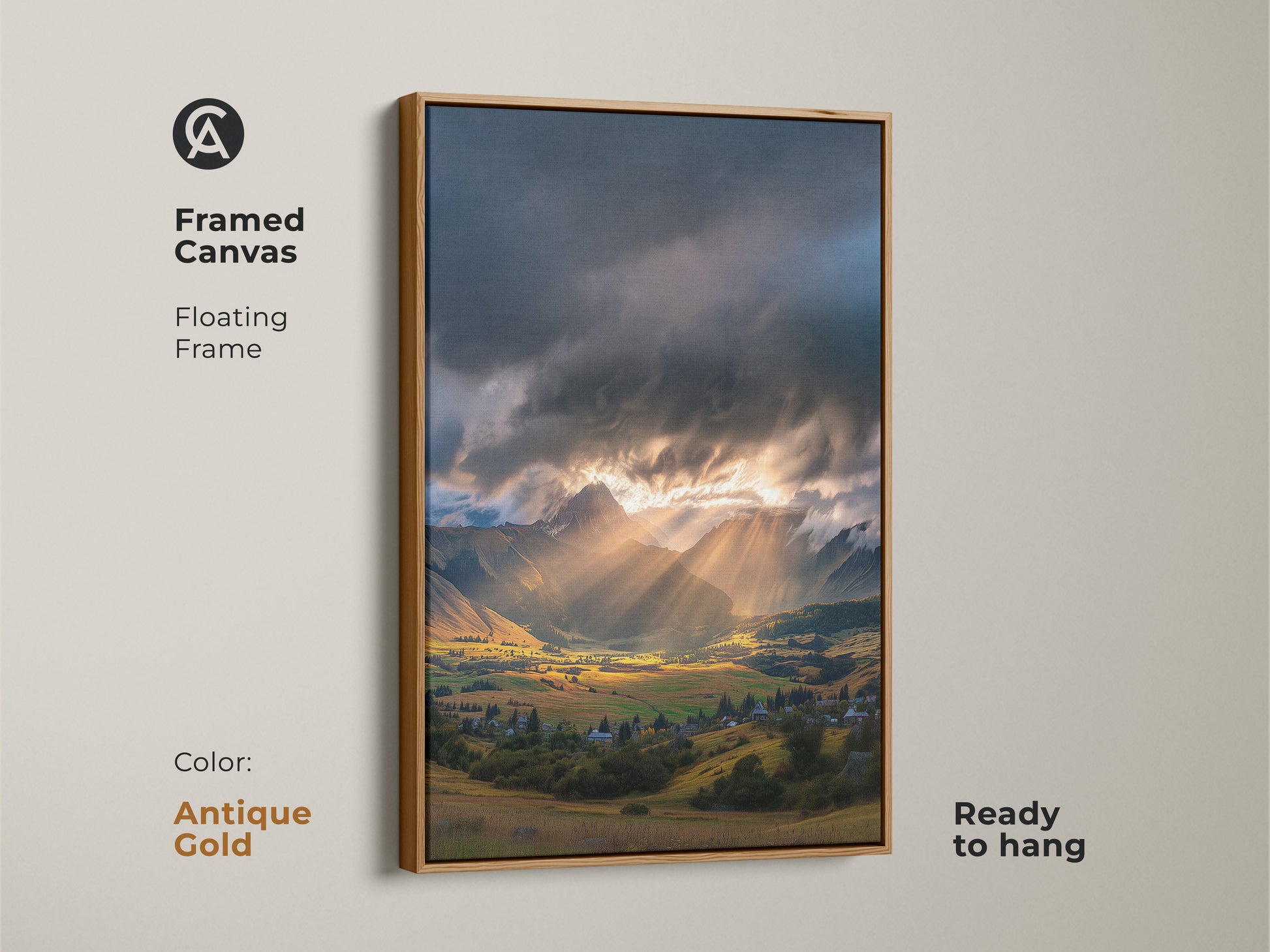 Framed canvas of a mountain valley art print. Golden hour landscape with dramatic sun rays. Floating frame in antique gold color. A peaceful valley art for a serene landscape print in any home setting.