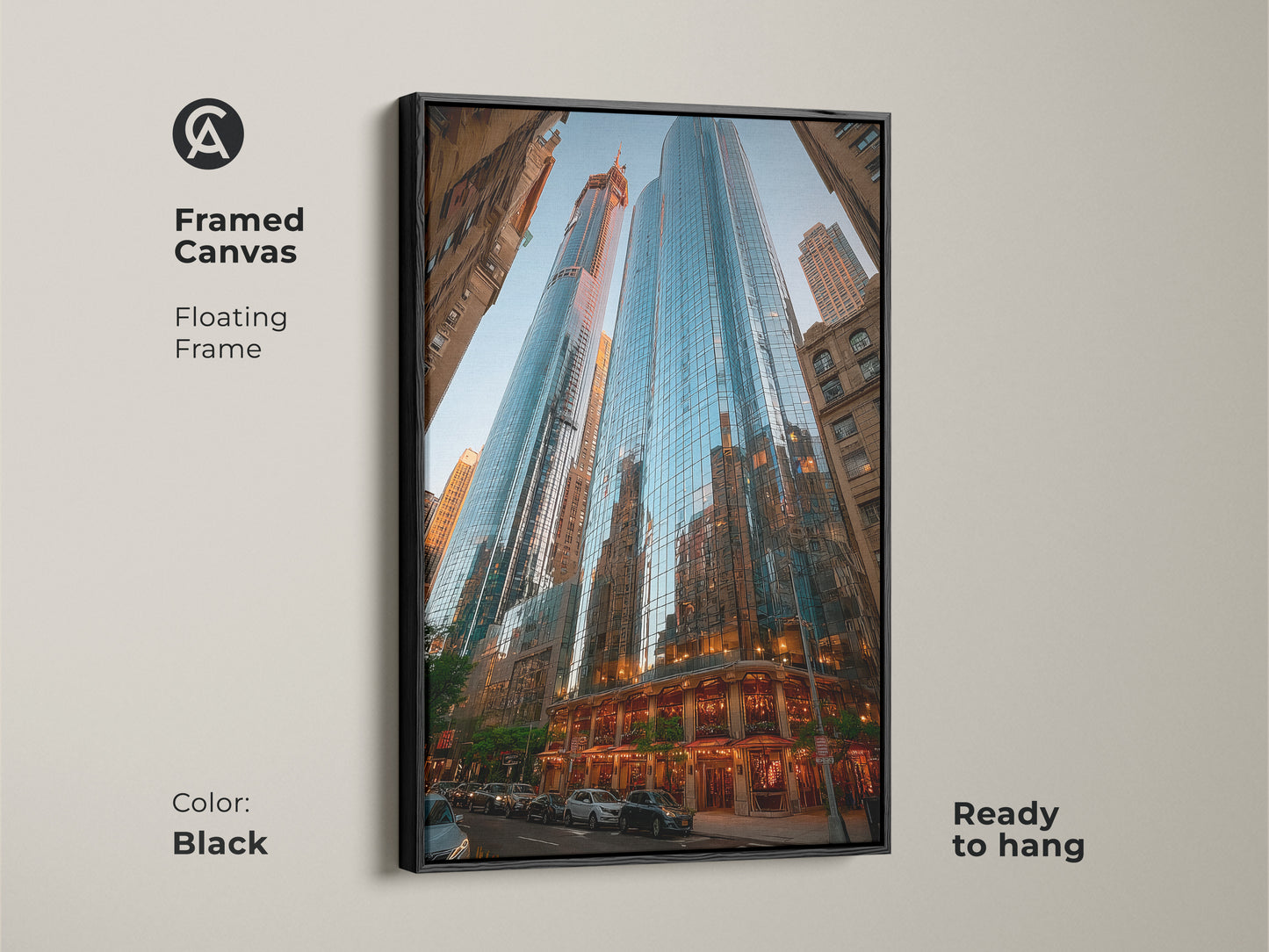 Framed canvas featuring blue cityscape art. This modern skyscraper canvas has a floating black frame. The contemporary architecture decor is ready to hang. Perfect office building art to enhance any space. A travel lover gift.