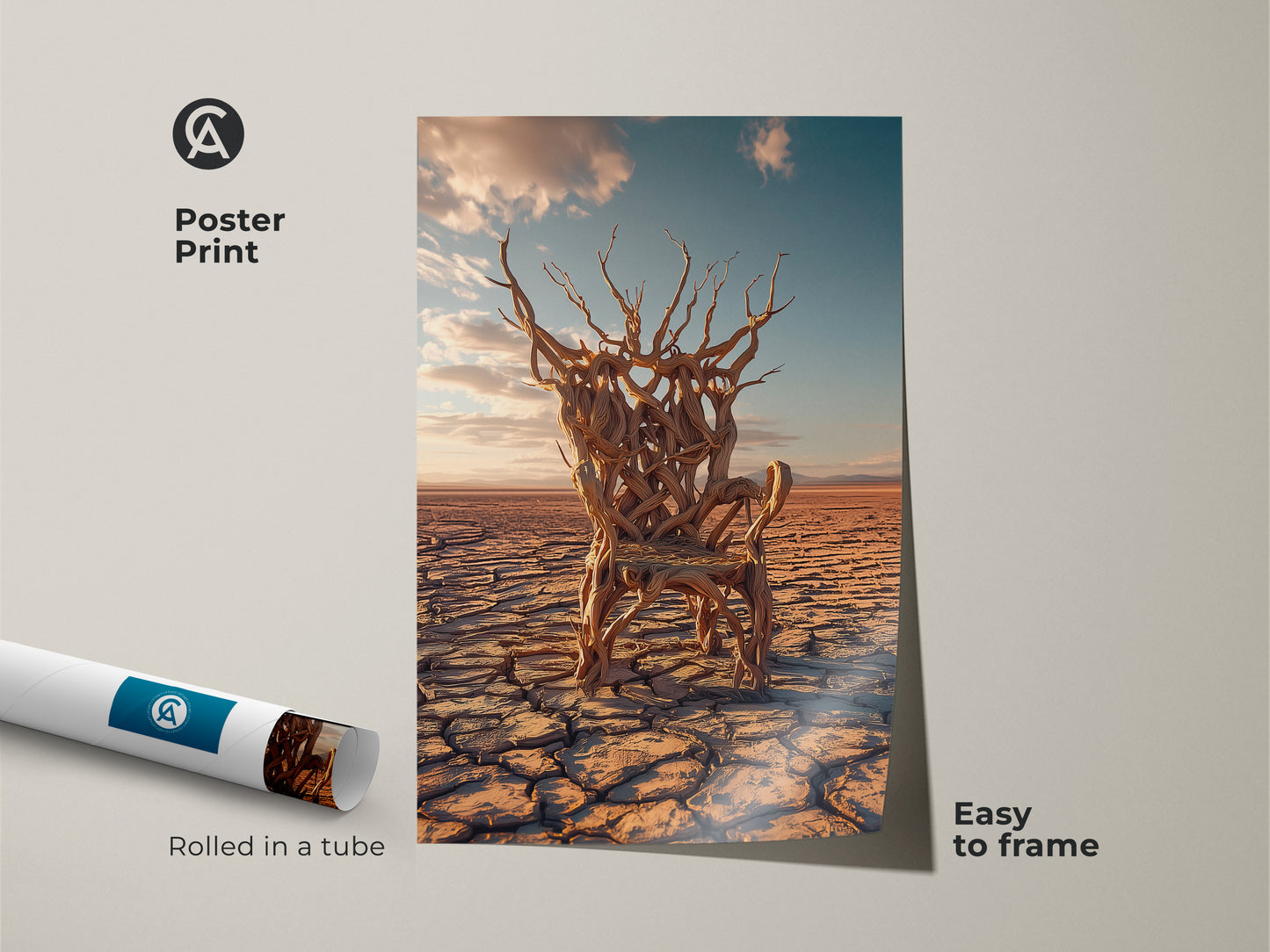 Poster print of a surreal tree chair artwork rolled in a tube. Displaying a desert landscape with earth tones abstract art. It's an artistic and easily framed piece of wall decor.
