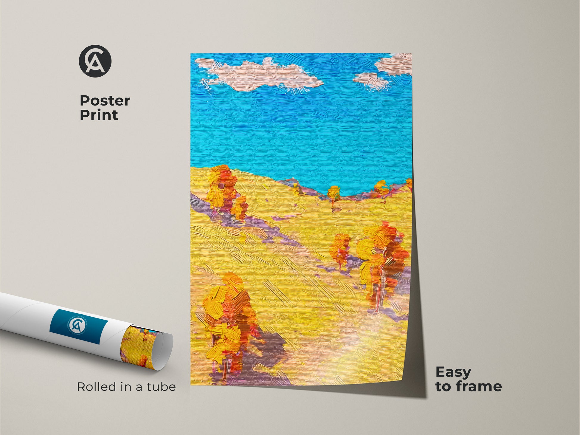 An abstract landscape art print is rolled in a tube ready to frame. This turquoise orange art print features impressionistic hills. Add a touch of colorful nature art to your space easily.