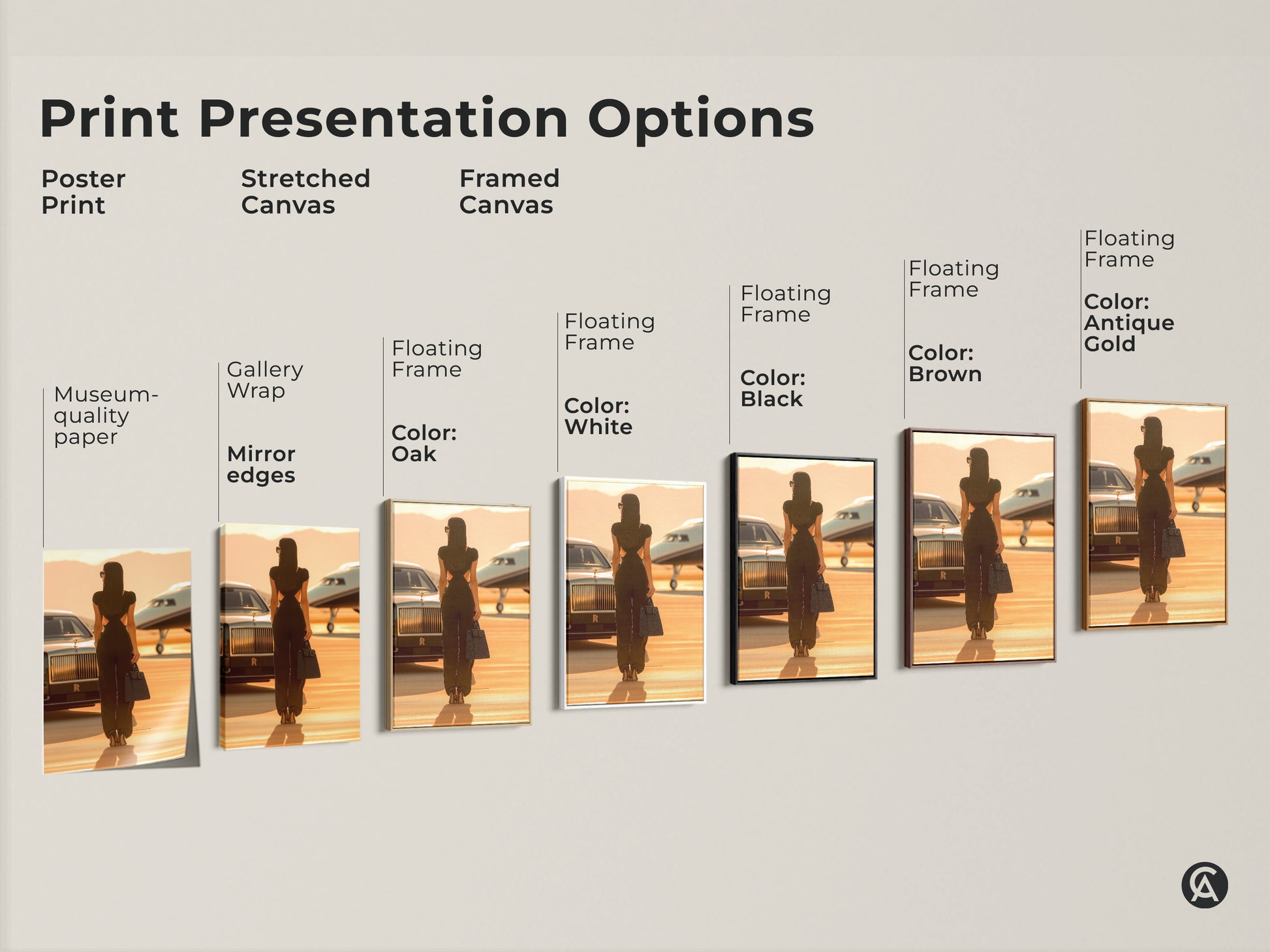 Print presentation options for woman with private jet artwork. Options include poster print stretched canvas and framed canvas. Various floating frame colors are available. Enhance your space with luxury travel art.