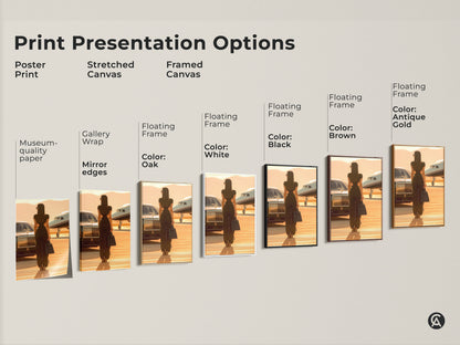 Print presentation options for woman with private jet artwork. Options include poster print stretched canvas and framed canvas. Various floating frame colors are available. Enhance your space with luxury travel art.