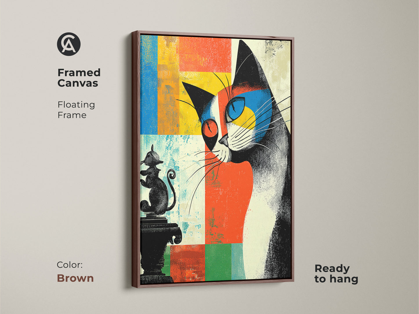 Framed canvas abstract cat art with a brown floating frame. This mid-century modern eclectic artwork is full of orange blue and yellow. Ready to hang this is a housewarming gift for cat lovers.