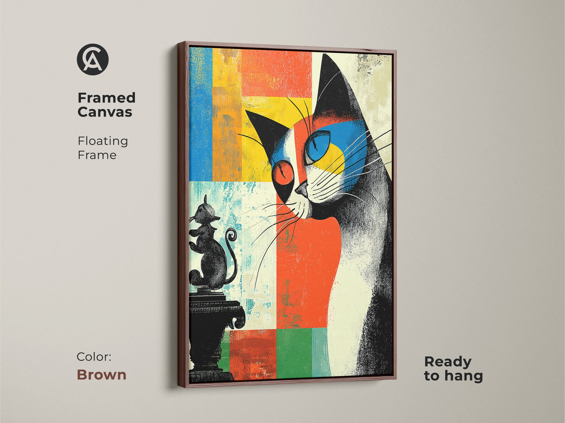 Framed canvas abstract cat art with a brown floating frame. This mid-century modern eclectic artwork is full of orange blue and yellow. Ready to hang this is a housewarming gift for cat lovers.