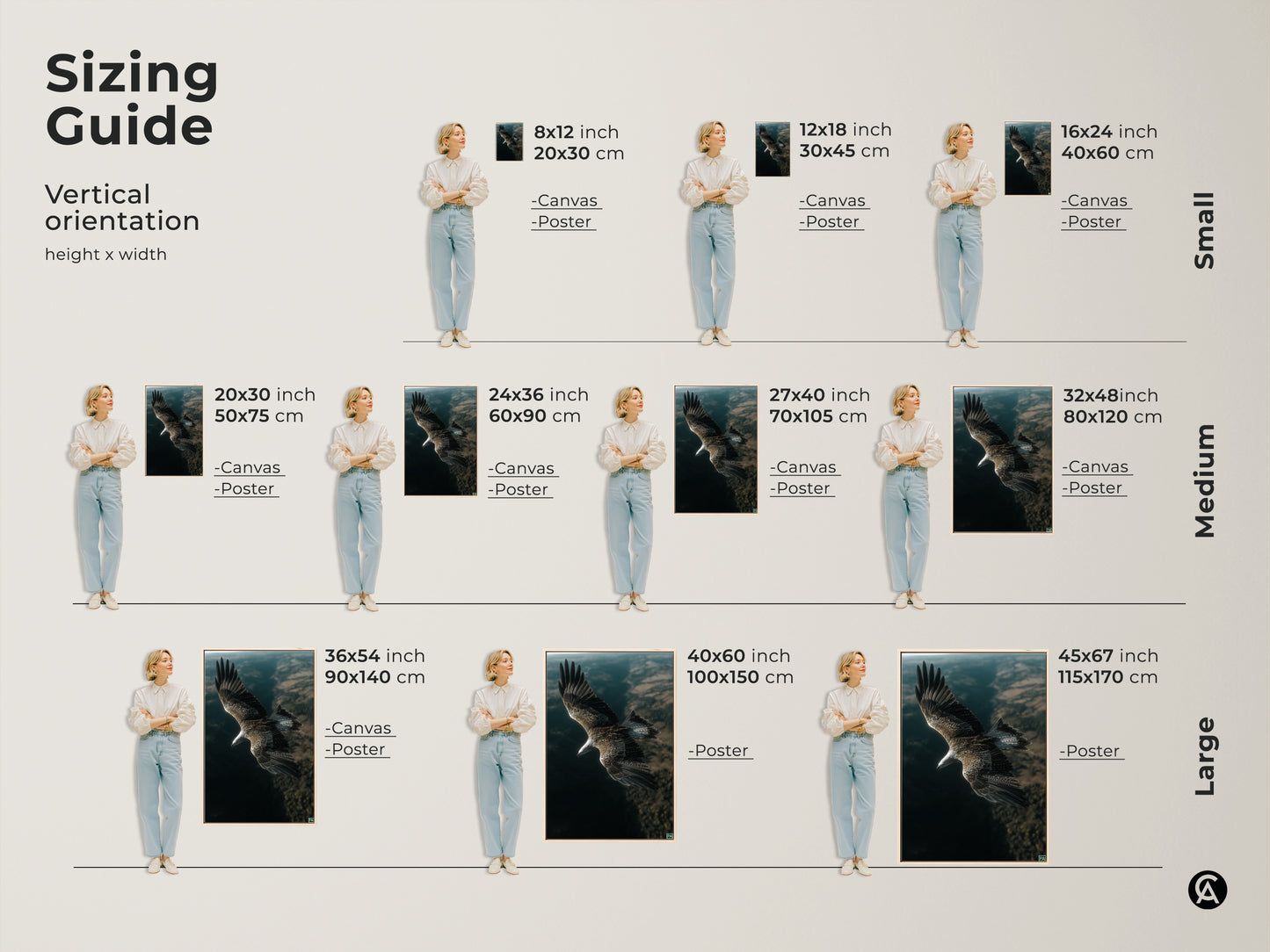Sizing guide for majestic eagle artwork. Vertical orientation height and width dimensions. See canvas and poster options in small medium and large sizes. Find the perfect fit for your space. A modern rustic wall art.