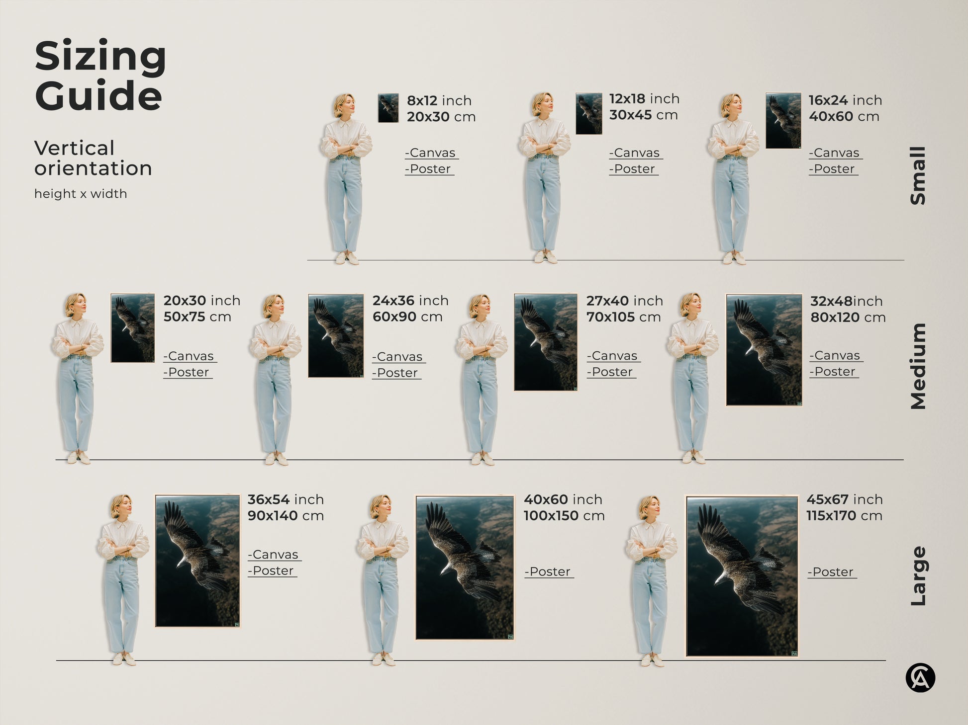 Sizing guide for majestic eagle artwork. Vertical orientation height and width dimensions. See canvas and poster options in small medium and large sizes. Find the perfect fit for your space. A modern rustic wall art.