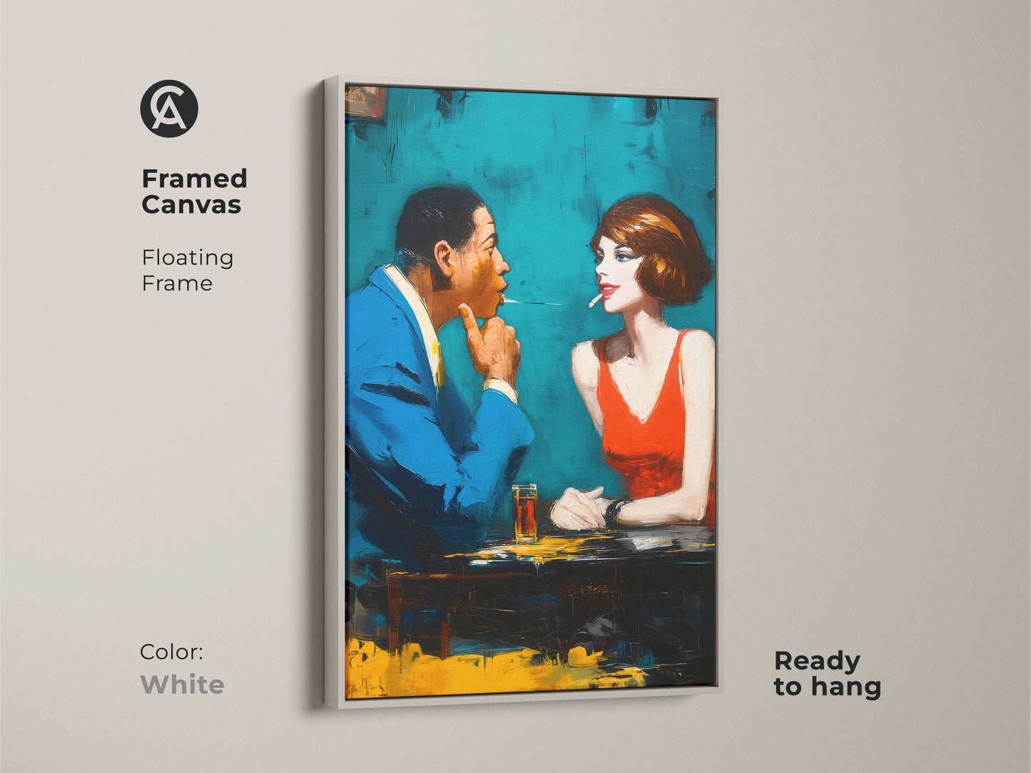 Brighten up your space with this framed canvas art. The floating frame adds a modern touch. The artwork showcases a stylish man and woman. They are sharing a cigarette. The white frame complements any decor. Ready to hang and admire. Bring this elegant piece into your home today.