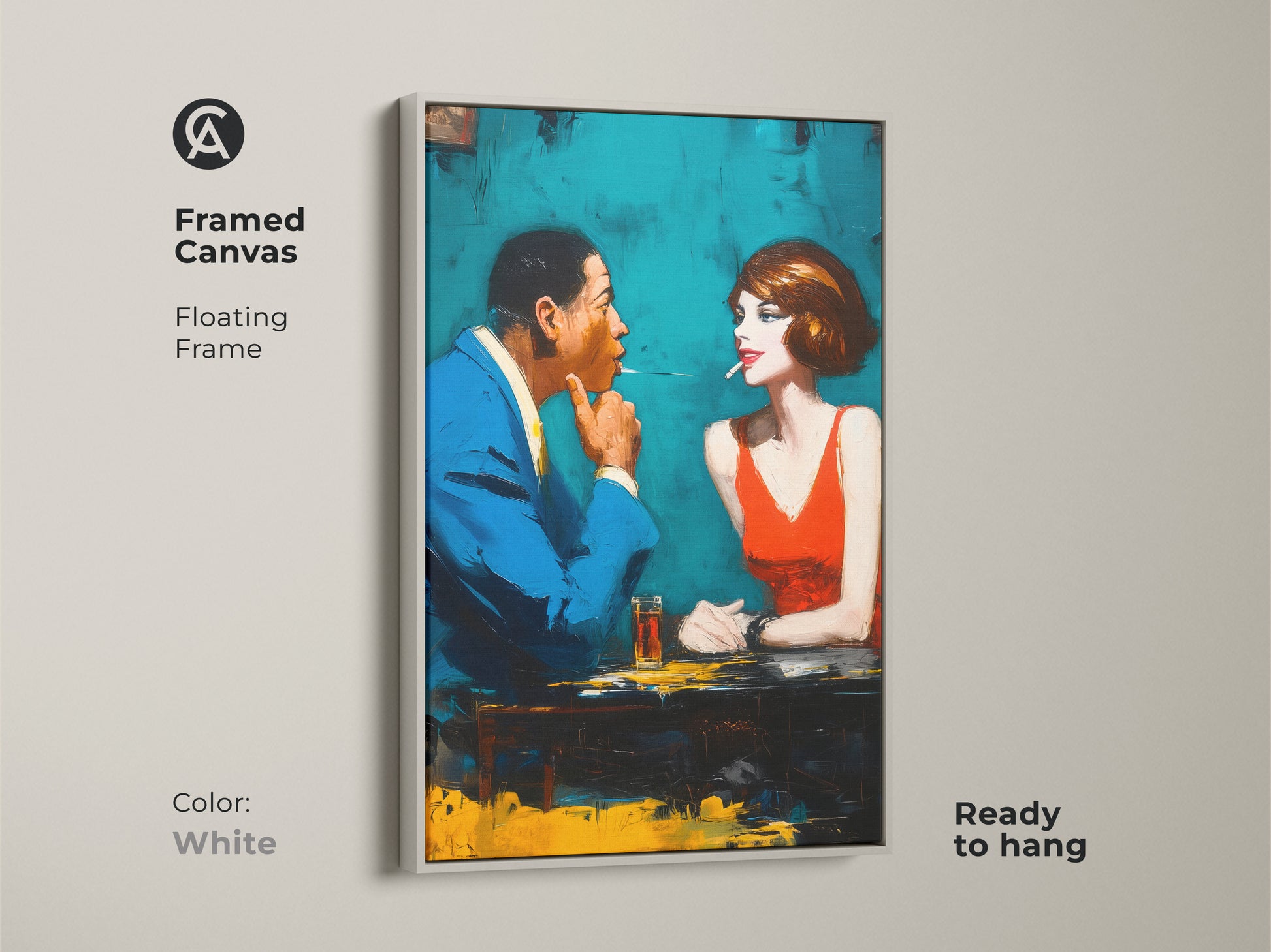 Brighten up your space with this framed canvas art. The floating frame adds a modern touch. The artwork showcases a stylish man and woman. They are sharing a cigarette. The white frame complements any decor. Ready to hang and admire. Bring this elegant piece into your home today.
