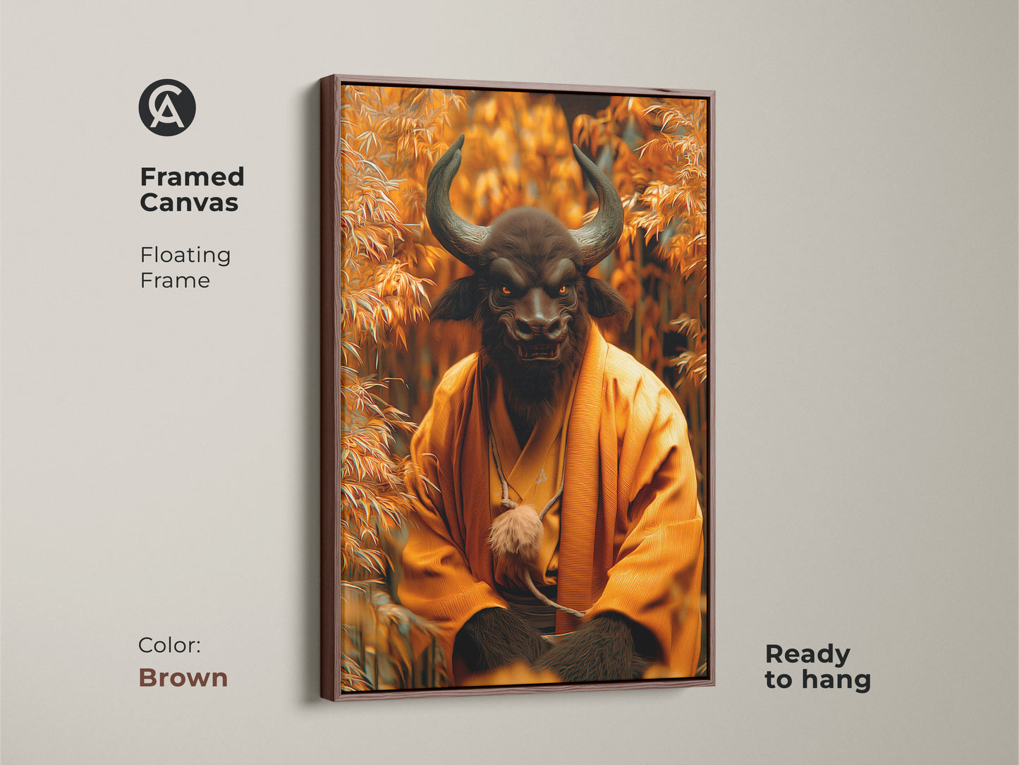 Framed Canvas artwork features a Minotaur Monk in a floating frame. The brown frame complements the artwork. This piece is ready to hang. The combination of mythical creature and serene monk creates a captivating focal point. It is perfect for any space.