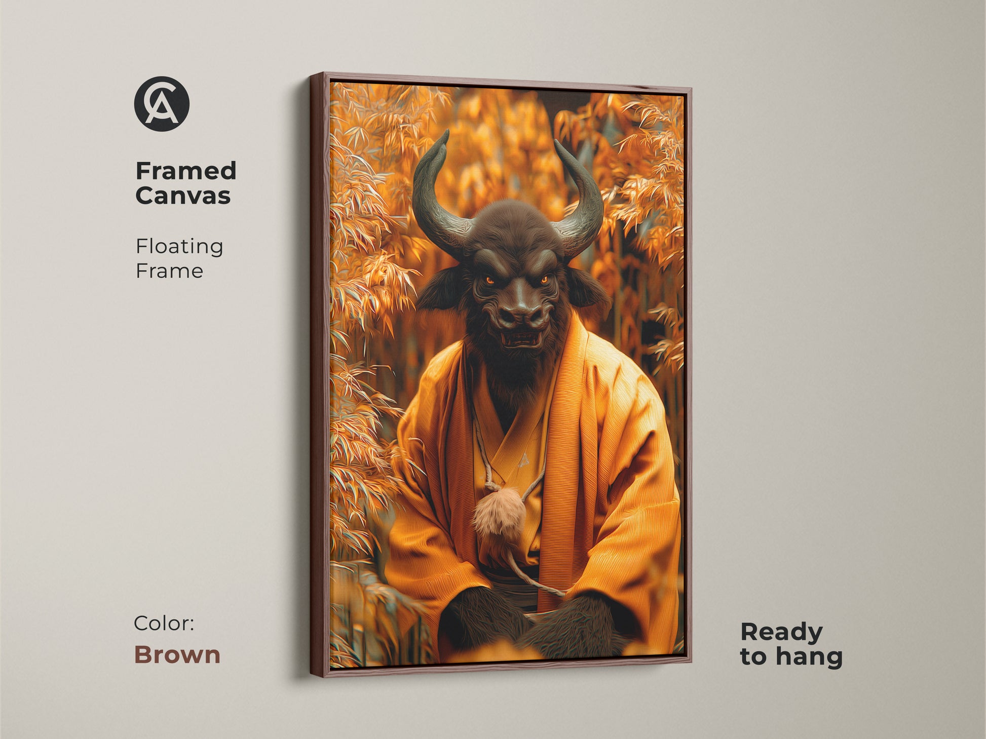 Framed Canvas artwork features a Minotaur Monk in a floating frame. The brown frame complements the artwork. This piece is ready to hang. The combination of mythical creature and serene monk creates a captivating focal point. It is perfect for any space.