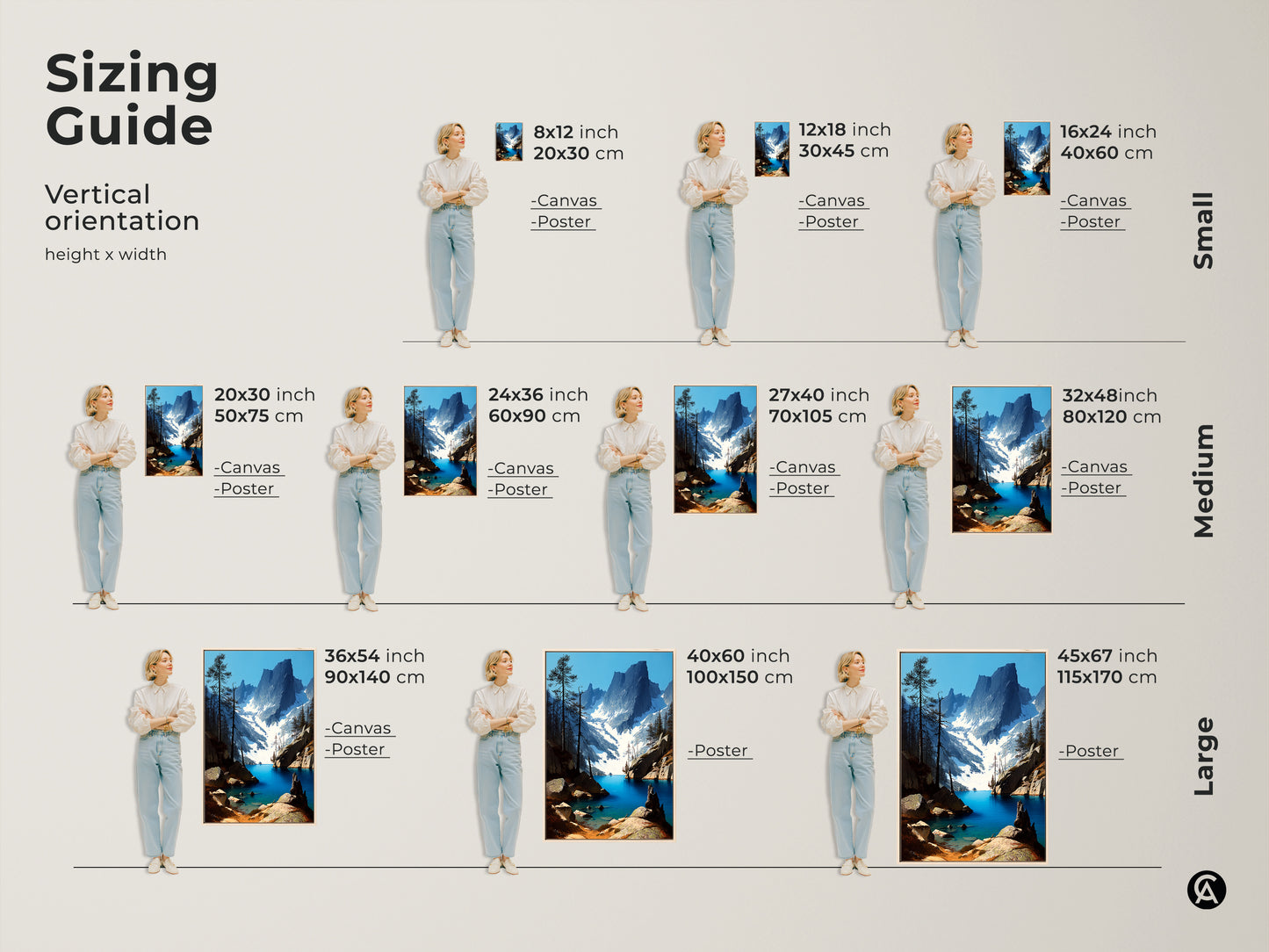 Sizing guide for vertical rustic mountain lake canvas and poster prints. Various sizes are available to fit your space. Find the perfect dimensions to showcase this deep blue pine forest artwork. Add a scenic nature print to your bedroom or living room easily.