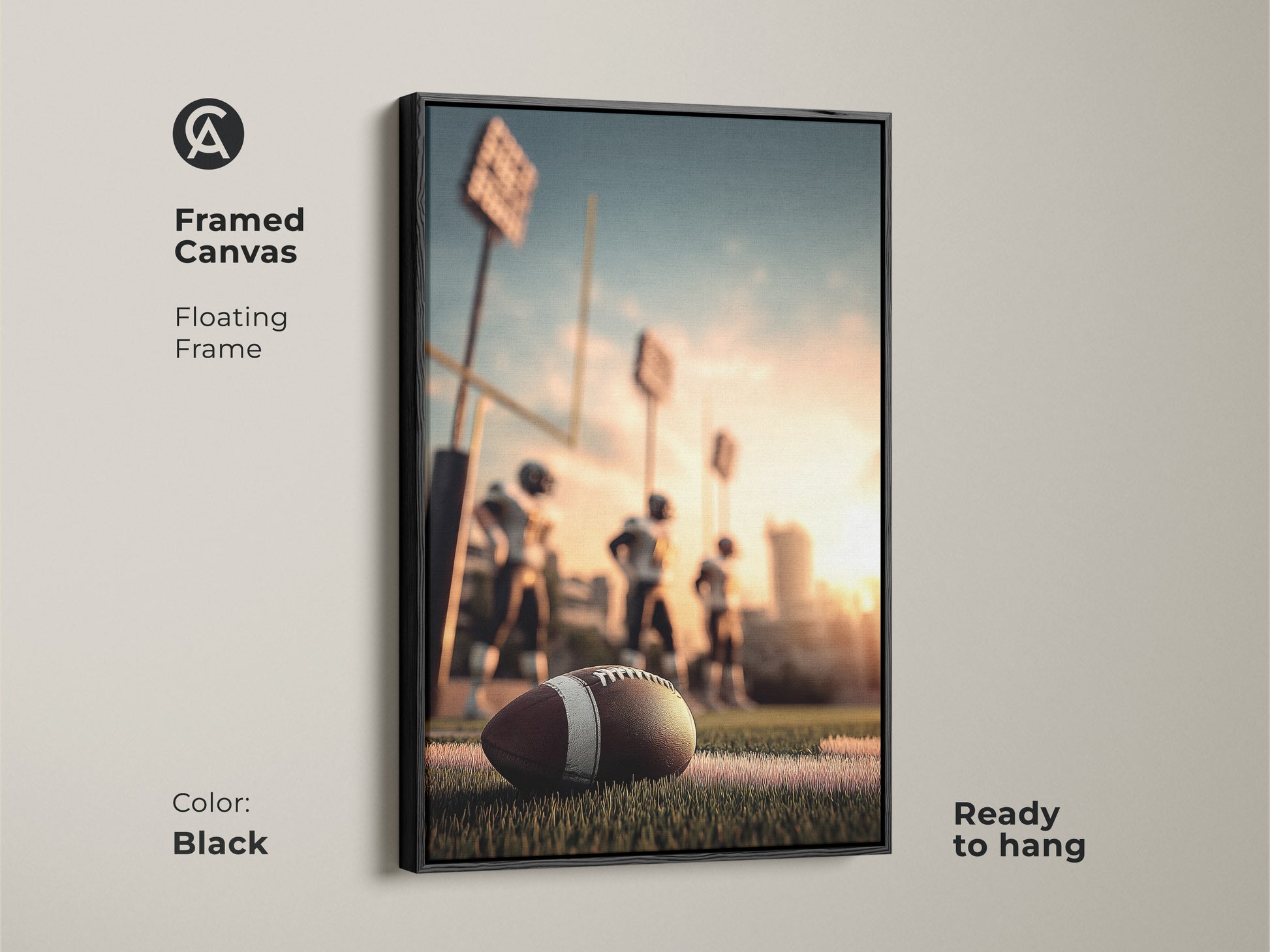Framed canvas of American Football art in a black floating frame. Ready to hang for easy display. This artwork features a football on the field during the golden hour. Perfect for a man cave or sports bar. A great gift for football fans and sports enthusiasts.