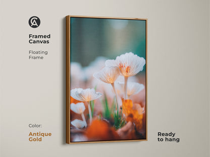 Antique gold framed canvas art. This artwork features a captivating photograph of white mushrooms. The antique gold floating frame adds a touch of elegance. It's ready to hang and will enhance your decor.