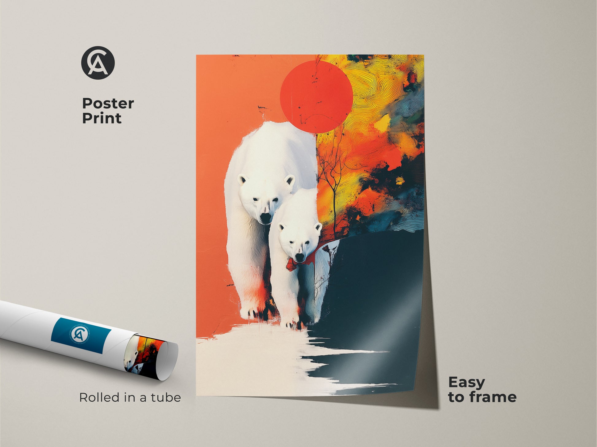 A poster print of abstract arctic wildlife art rolled in a tube. This polar bear family painting is easy to frame. Add a touch of modern eclectic style to your home decor. Ideal for nature enthusiasts and contemporary art collectors.
