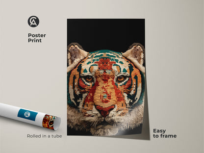 A poster print showcases an abstract tiger face. The rolled art is easy to frame. The geometric wildlife artwork features an orange gold and teal color palette for eclectic decor.