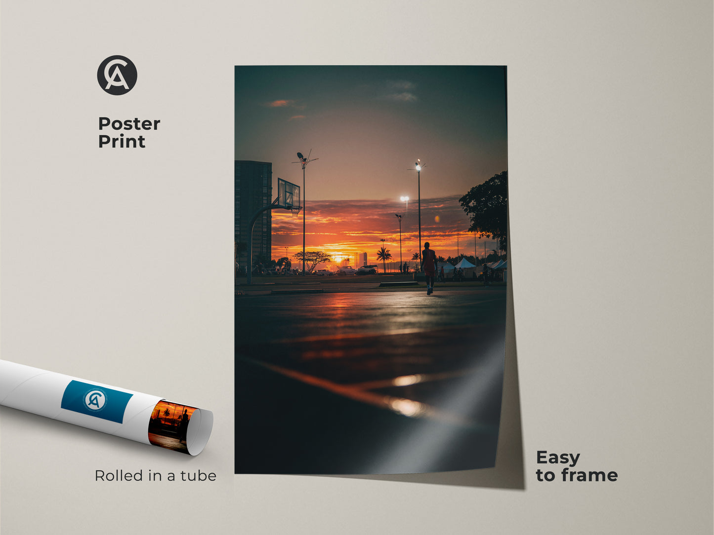 Poster print showcasing a sunset basketball court scene. This easy-to-frame artwork captures the essence of twilight sports. Rolled in a tube for safe shipping. Ideal for art collectors.