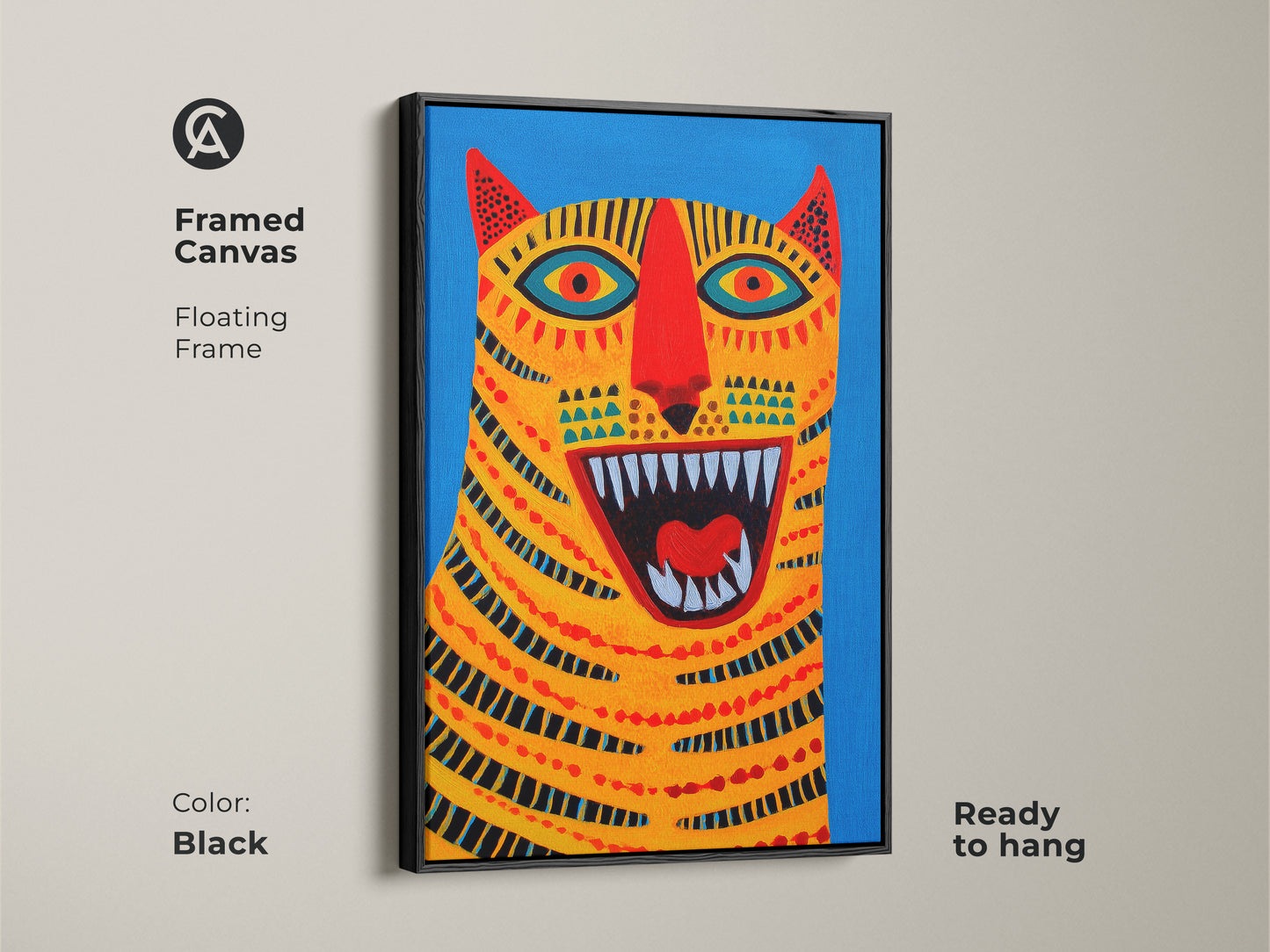A bold abstract tiger artwork print. This eclectic folk style wall decor is a great statement. The yellow blue and red animal canvas makes a unique birthday gift. This vibrant tiger painting is a colorful abstract art print. It is a unique tiger artwork.