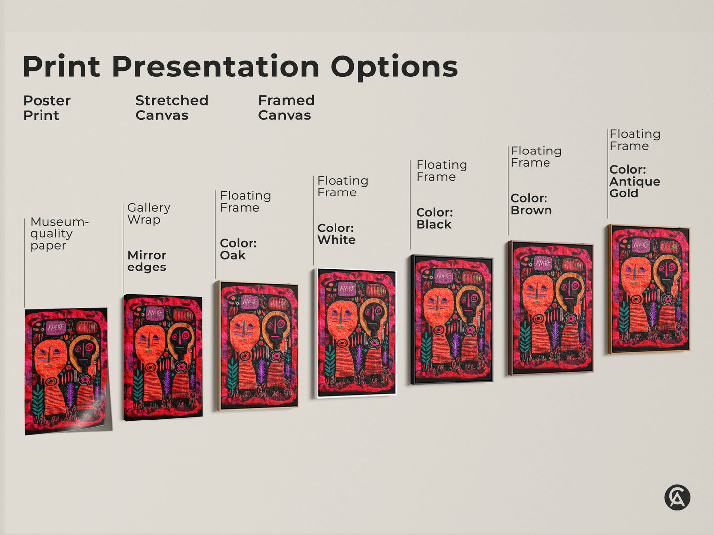 Explore our print presentation options for Folk Art Canvas. Choose from poster prints stretched canvas and framed canvas. Select floating frame colors like white black brown and antique gold. Discover museum quality paper and mirror edges for gallery wraps. Find the perfect fit for your unique decor.