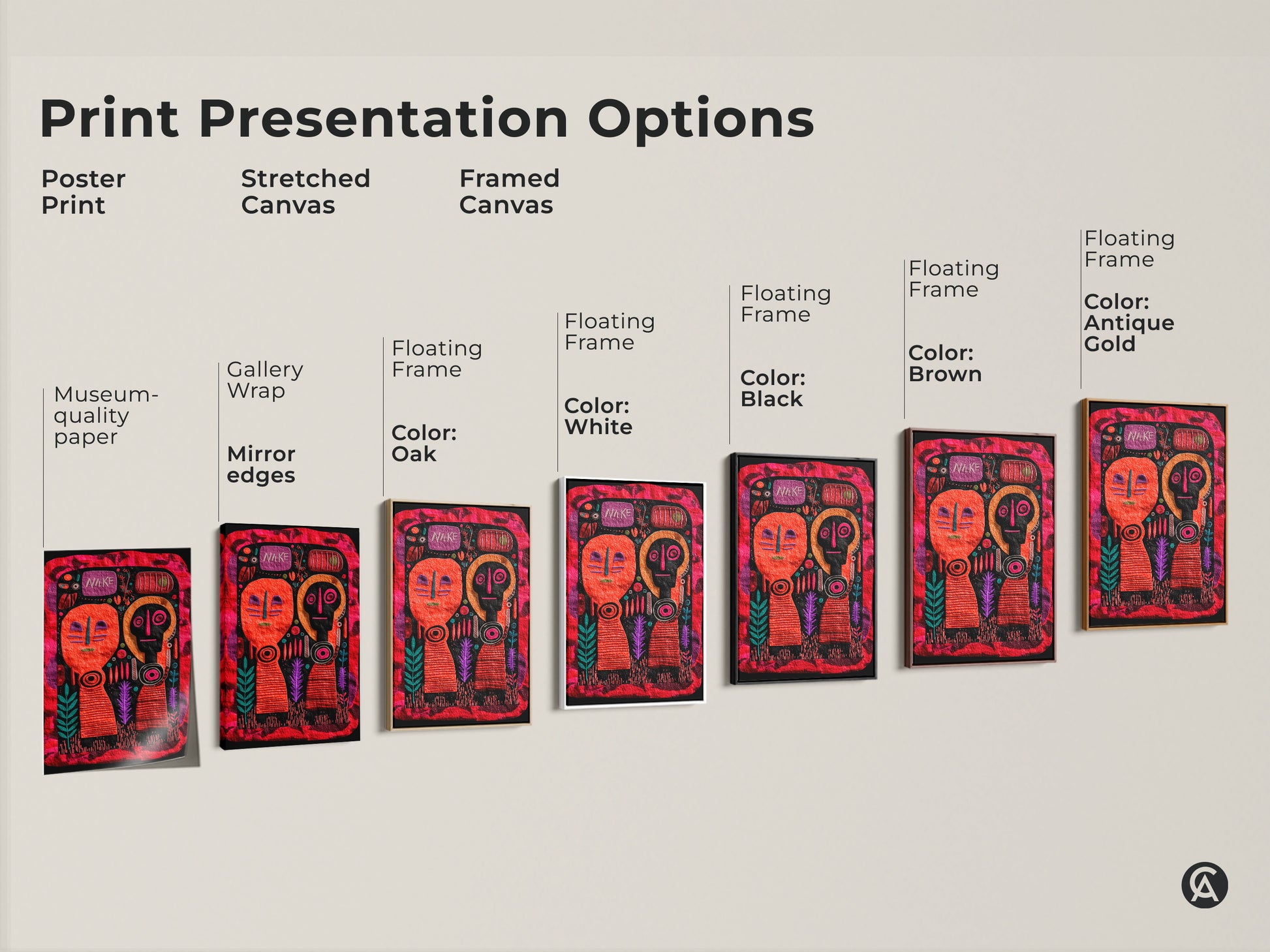 Explore our print presentation options for Folk Art Canvas. Choose from poster prints stretched canvas and framed canvas. Select floating frame colors like white black brown and antique gold. Discover museum quality paper and mirror edges for gallery wraps. Find the perfect fit for your unique decor.