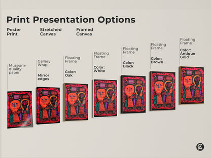 Explore our print presentation options for Folk Art Canvas. Choose from poster prints stretched canvas and framed canvas. Select floating frame colors like white black brown and antique gold. Discover museum quality paper and mirror edges for gallery wraps. Find the perfect fit for your unique decor.