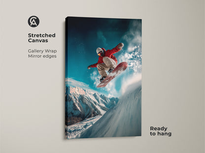 A stretched canvas art print showcases a snowboarder mid-air. It's a gallery wrapped canvas with mirrored edges. The art is ready to hang adding a dynamic touch to any space. The snowboarder art is visually appealing.