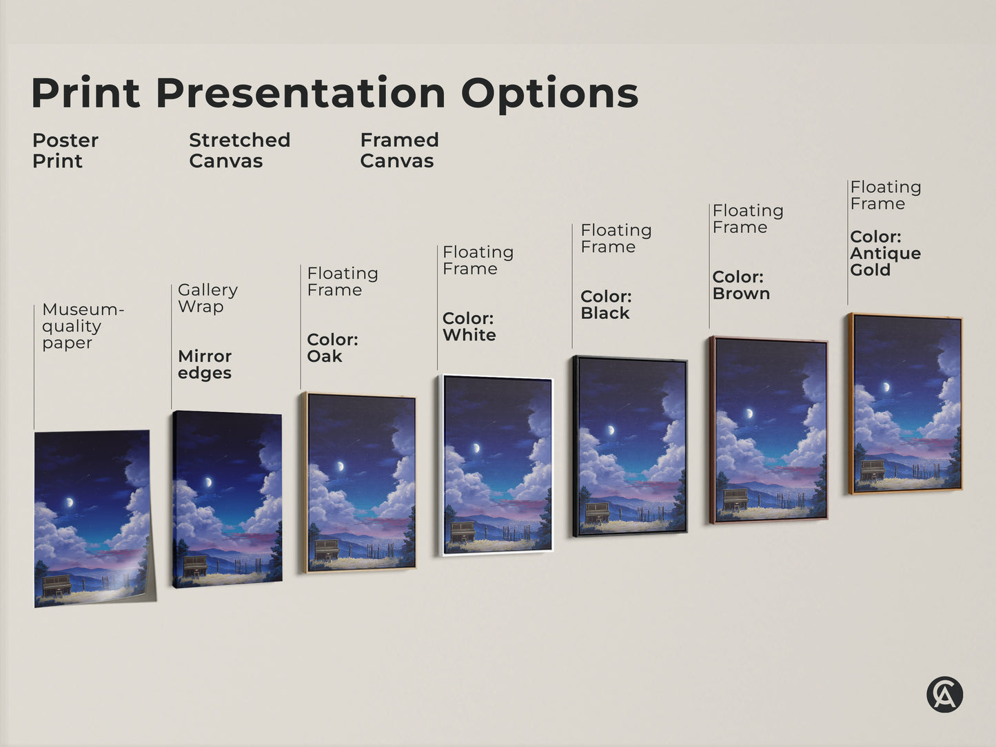 Explore print presentation options for surreal piano landscape art. Choose from poster prints stretched canvas and framed canvas. Options include gallery wrap and floating frames in various colors. Find the perfect style for your indigo moon wall decor.