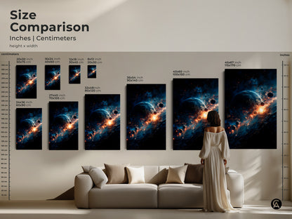 Size comparison of cosmic artwork prints in inches and centimeters. See how each print size looks in a living room setting. Choose from various sizes to suit your space needs. Find the perfect canvas or poster print for your home decor. Transform your space today.