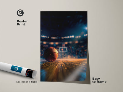This poster print showcases a vibrant basketball court image. The print is rolled in a tube for easy framing. Add a sporty and energetic vibe to any room with this basketball art. It is perfect for quick decor updates.