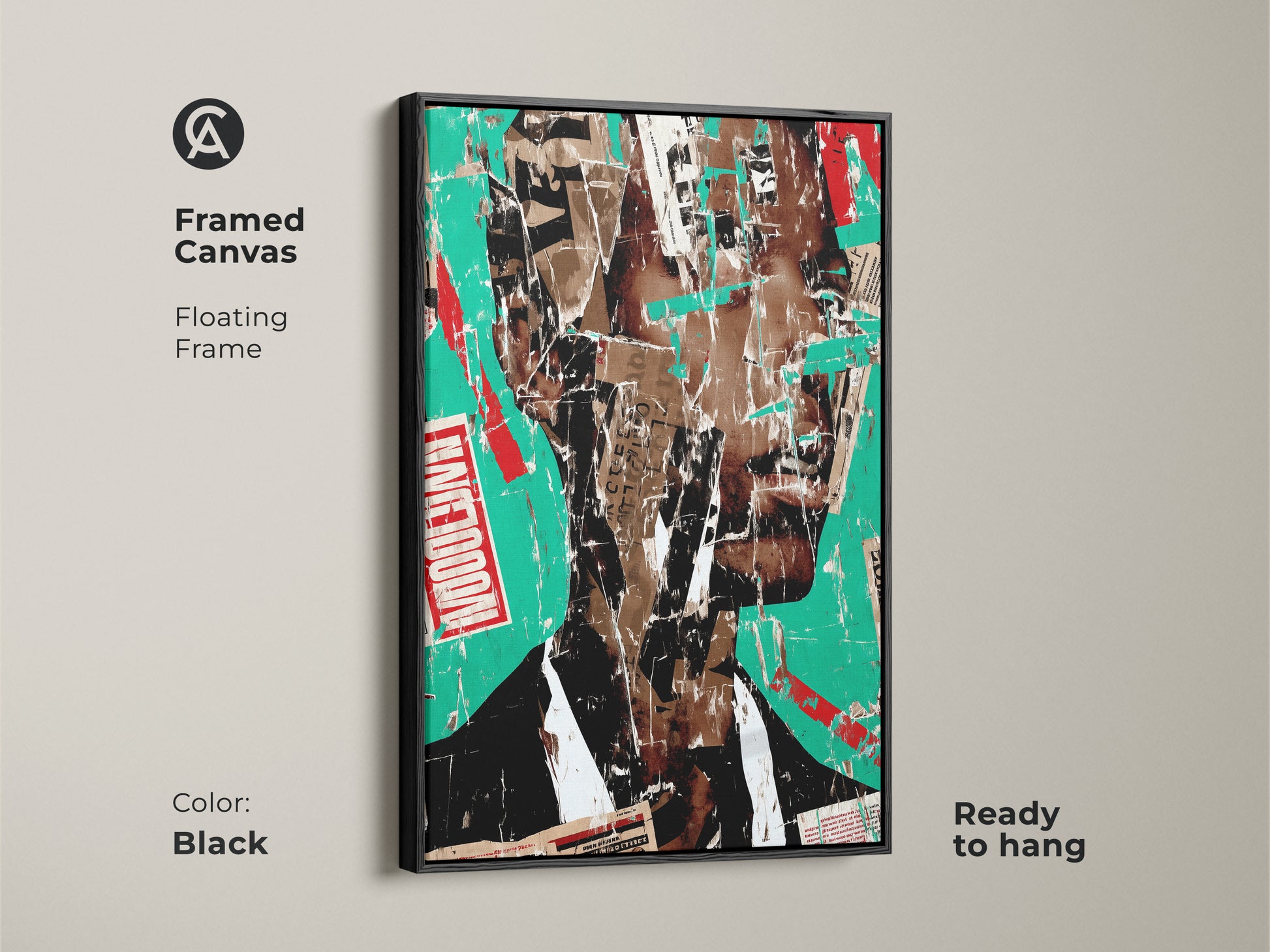 Framed canvas of abstract face collage art. This urban portrait wall art has a floating black frame. The mixed media art uses teal red and brown colors. This eclectic piece is ready to hang for office decor.