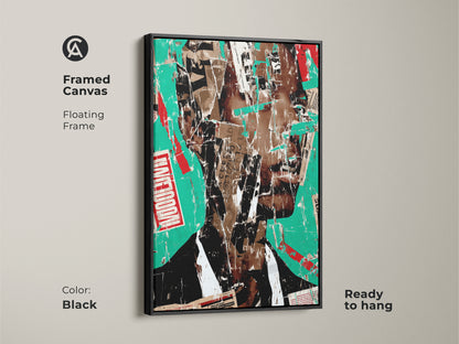 Framed canvas of abstract face collage art. This urban portrait wall art has a floating black frame. The mixed media art uses teal red and brown colors. This eclectic piece is ready to hang for office decor.