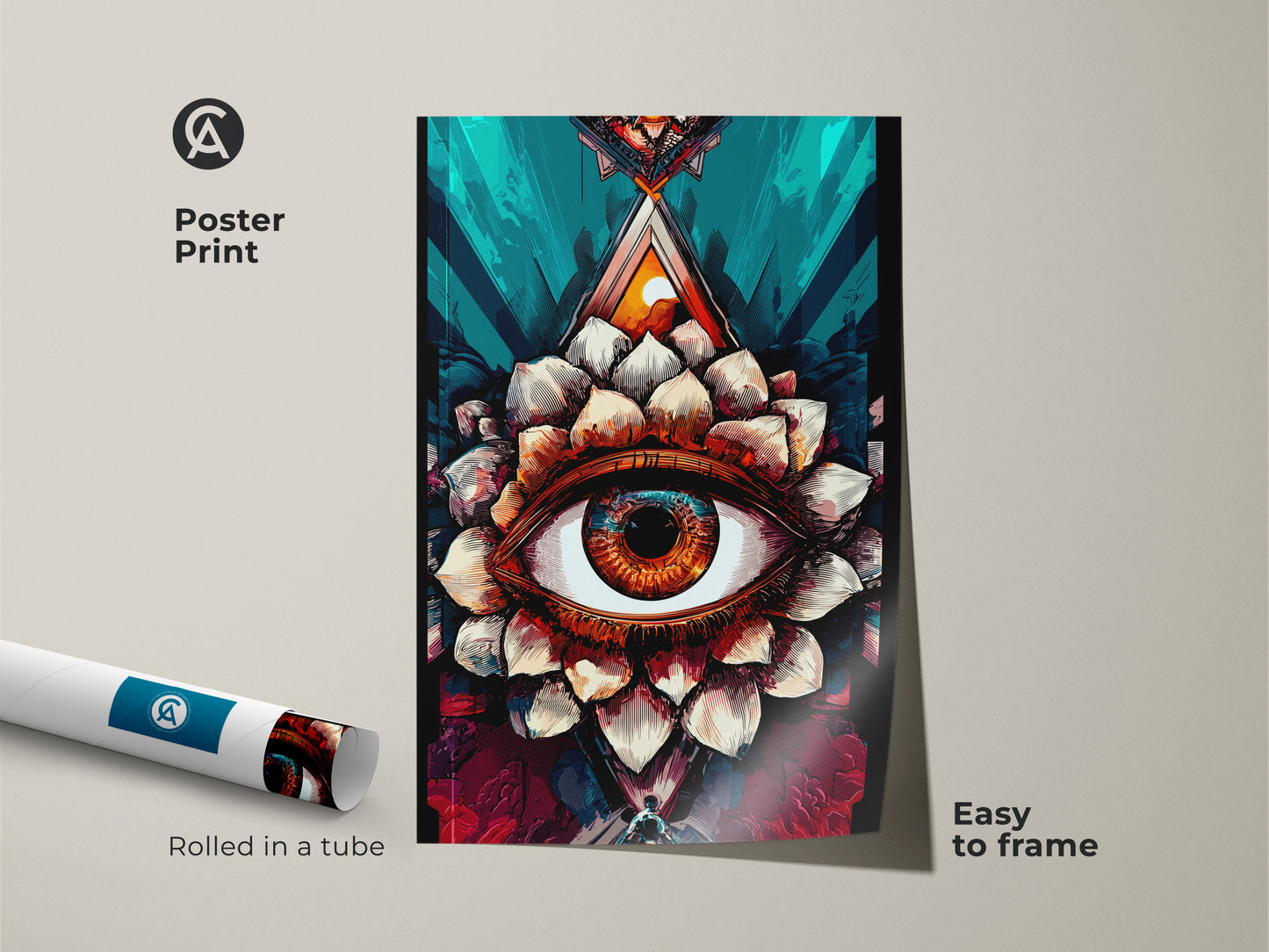 Poster print of a surreal eye lotus artwork rolled in a tube. The abstract amber and teal spiritual decor is easy to frame. This psychedelic eye art makes a unique addition to any eclectic office or study room. A symbolic eye canvas for spiritual home decor.