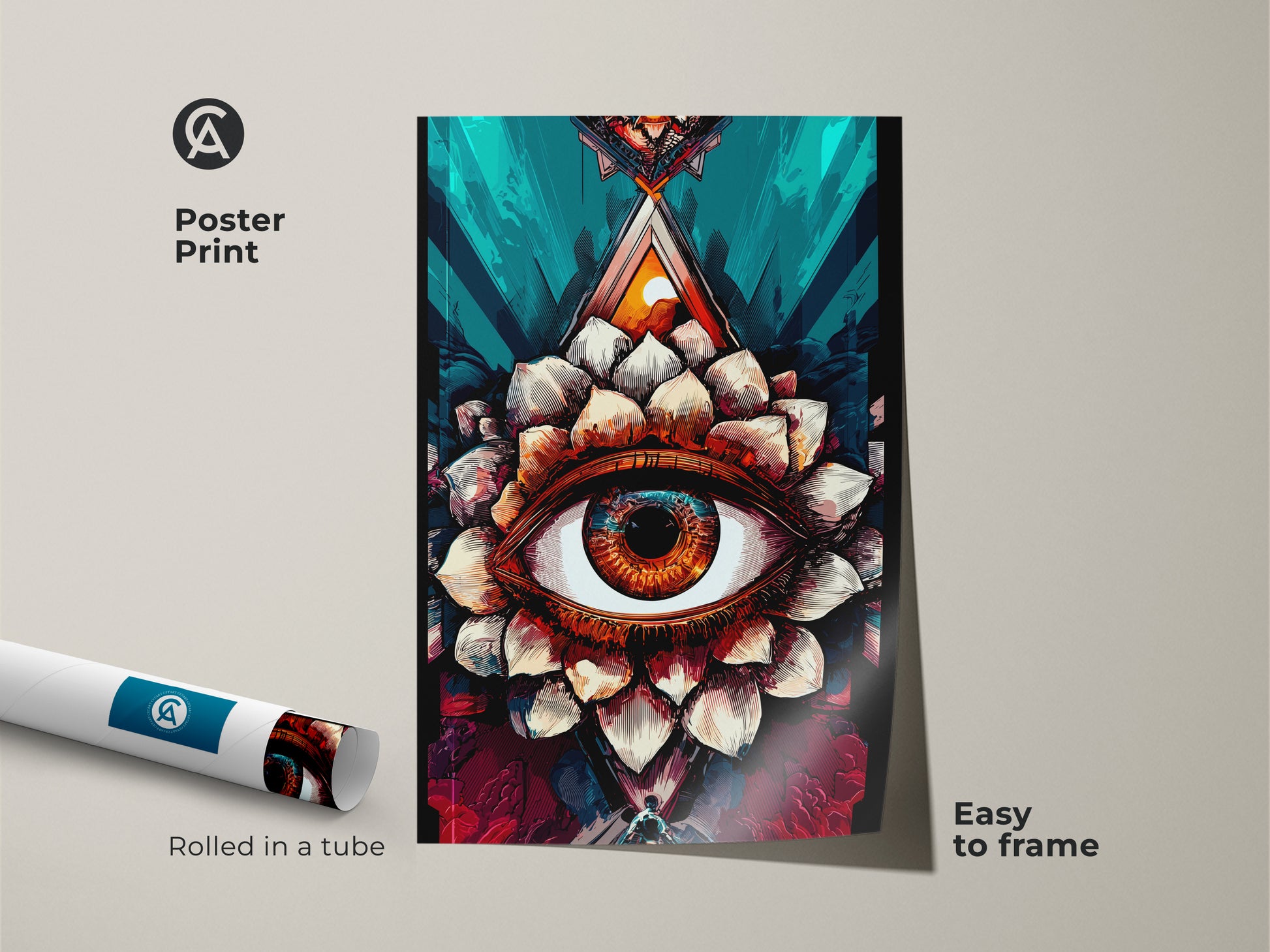 Poster print of a surreal eye lotus artwork rolled in a tube. The abstract amber and teal spiritual decor is easy to frame. This psychedelic eye art makes a unique addition to any eclectic office or study room. A symbolic eye canvas for spiritual home decor.