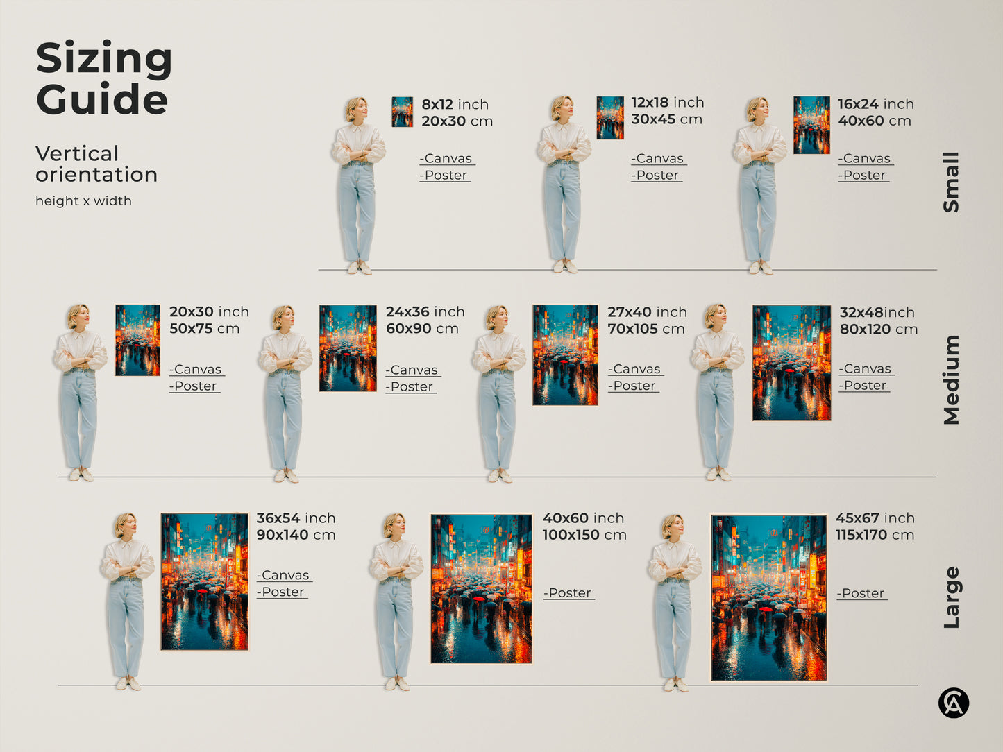 Sizing guide showing a cyberpunk canvas art print. Sizes range from small to large. The artwork is a neon Japanese street scene. See how this urban cityscape wall decor fits in various spaces adding a vibrant modern touch.
