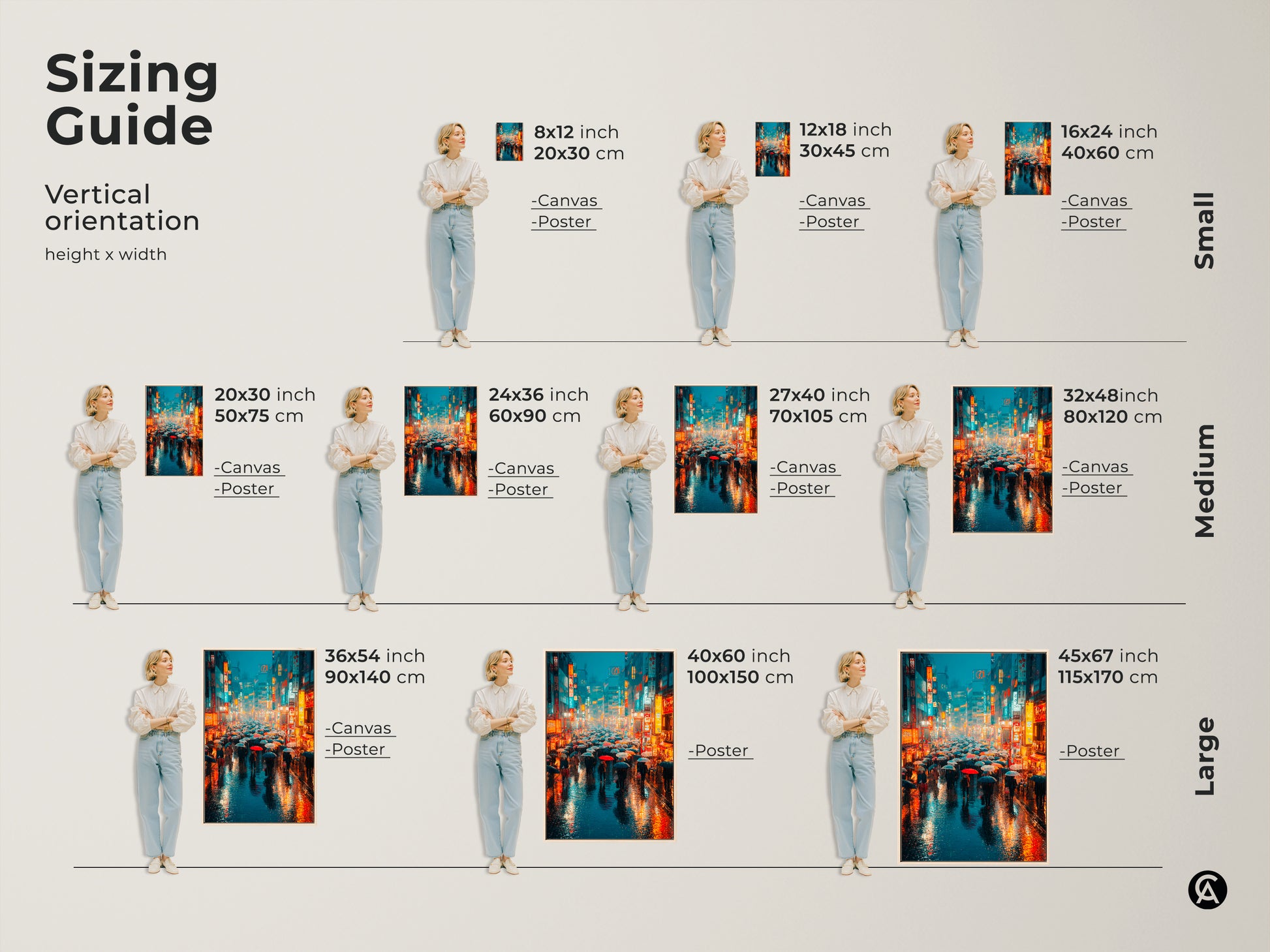 Sizing guide showing a cyberpunk canvas art print. Sizes range from small to large. The artwork is a neon Japanese street scene. See how this urban cityscape wall decor fits in various spaces adding a vibrant modern touch.