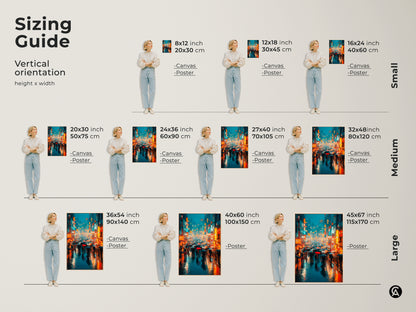 Sizing guide showing a cyberpunk canvas art print. Sizes range from small to large. The artwork is a neon Japanese street scene. See how this urban cityscape wall decor fits in various spaces adding a vibrant modern touch.