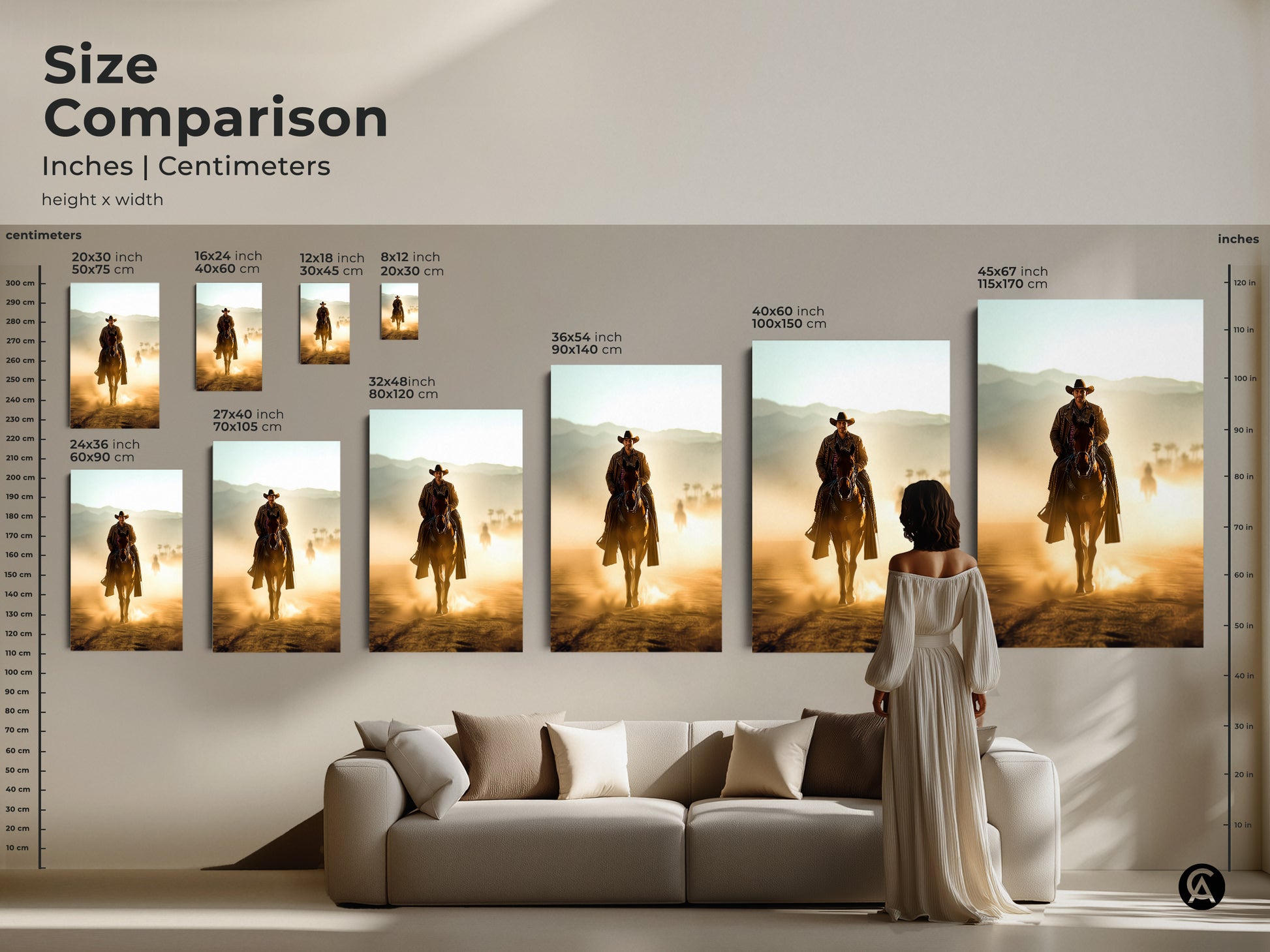 Size comparison for cowboy art featuring a Western cowboy on horseback. See the artwork in various sizes to visualize how it fits in your space. Perfect for adding a rustic Western touch to your home or office. Great wall decor.